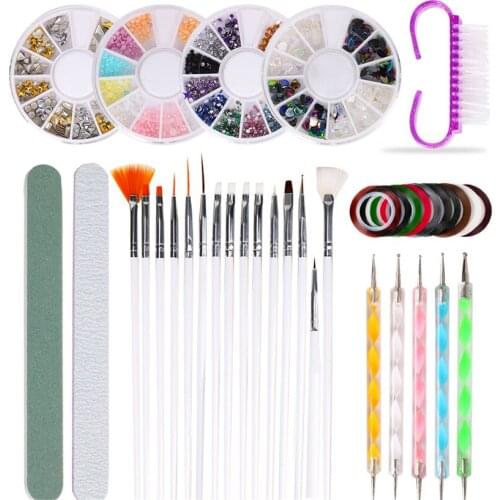 10Pcs/Set Nail Art Tool Set Manicure Buffers Glitter Nail Brush Dotting Pen Line Stickers Decorations Kit Artificial for DIY