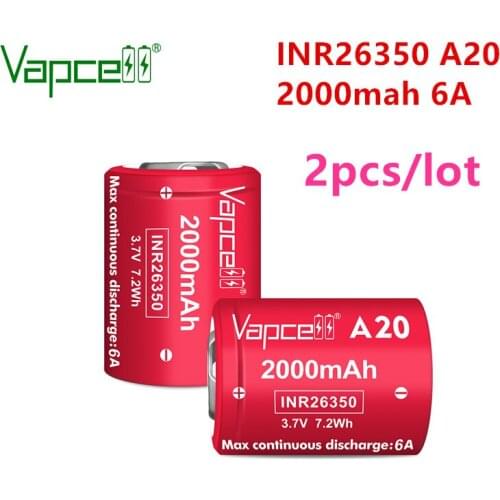 2pcs/lot free shipping Vapcell Original 26350 2000mah 6A A20 li ion battery 3.7V Rechargeable Batteries for flashlight tools