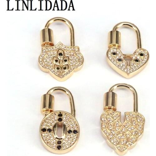 5Pcs, Gold Black Clear CZ Micro Pave Key Heart Lock Clasp, Gold Heart Padlock Charm, Pave Lock