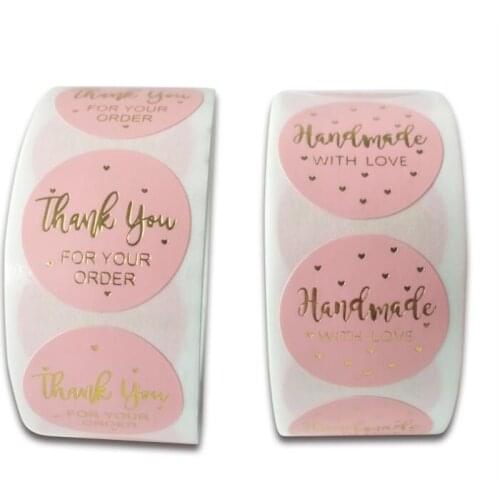 500pcs Pink Label with Gold Foil Handmade Sticker Thank You Sticker Seal Labels Christmas Gift Decoration Sticker for Package