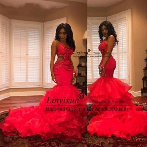 African Red Prom Dresses Sexy Cutaway Sides Appliques Beads Tiered Mermaid Evening Dress Sleeveless Black Girls Party Gowns