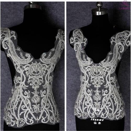 La Belleza new silver beaded beautiful large piece handmade pearls crystal Rhinestone patch wedding dress applique accessories