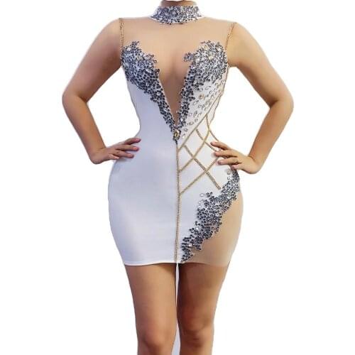 Shining Silver Rhinestones White Dress Womens Birthday Prom Celebrate Long Sleeves Dress Evening Dance Stretch Costume