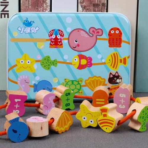 Wooden Toys Baby DIY Toy Cartoon Fruit Animal Stringing Threading Wooden Beads Toy Monterssori Educational For Children