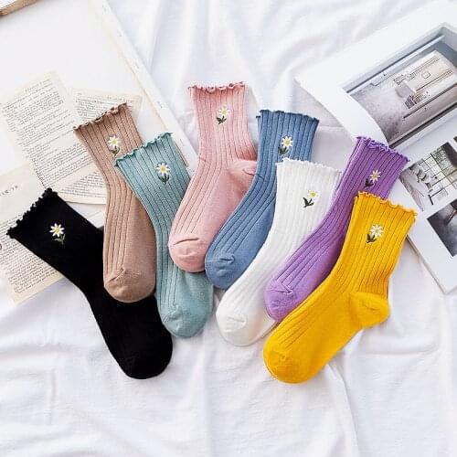 Daisy Sweet Stripe Ruffle Socks Women Pack Elastic Kawaii Girls Happy Socks Cotton Cute Japanese Harajuku Casual Comfortable