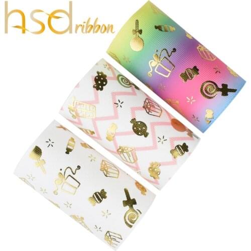 HSDRibbon 75MM 3 inch hsd-design Candy series gold Foil Printed Grosgrain Ribbon