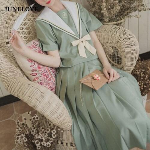 JuneLove Women Sailor Suit Japanese College Kawaii Green Set Ins Cute Girls Female Casual Blouse+Hight Wist Skirts 2 Pieces Sets