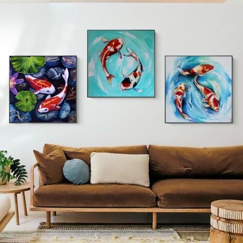 Classic Oil Painting Printed Koi Carp Feng Shui Fish Canvas Painting Posters Yin Yang Gossip Wall Art for Living Room Decor