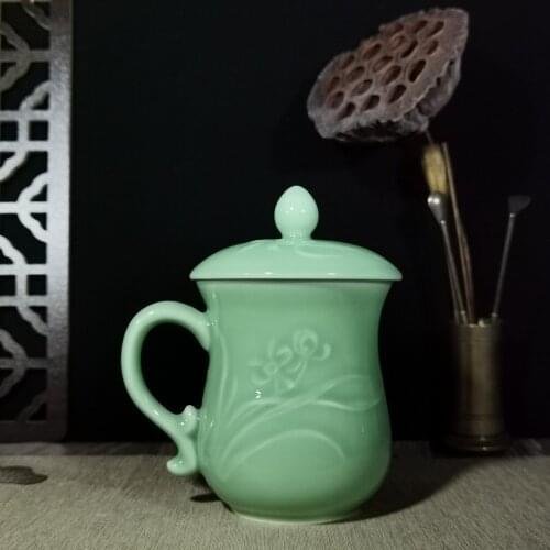 Coffee Mugs Cup with Lid 11.5oz Teacup Embossed with Orchid Ceramic Drinkware Porcelain Tableware Microwave and Dishwasher Safe