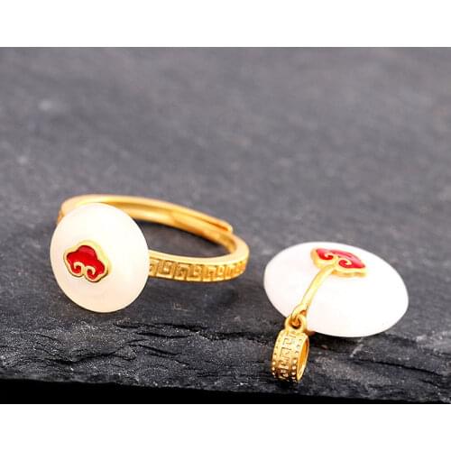 Original Design Hetian Jade Ruyi Peace Buckle Rings Pendants Set Sterling Silver Burnt Blue Womens Ring White Jade