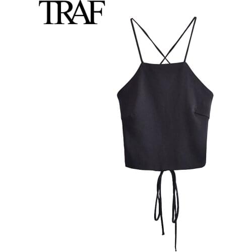 Traf Za Women Clothing Summer Sexy Streetwear Black Halter Tank Vest Bow Bandage High Fashion Satin Crop Tops Mujer