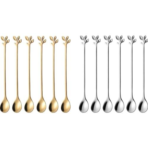 Long Handle Stainless Steel Leaf Stirring Spoon Set Creative Cocktail Stirring Spoons Mirror Finish & Dishwasher Safe 6pcs