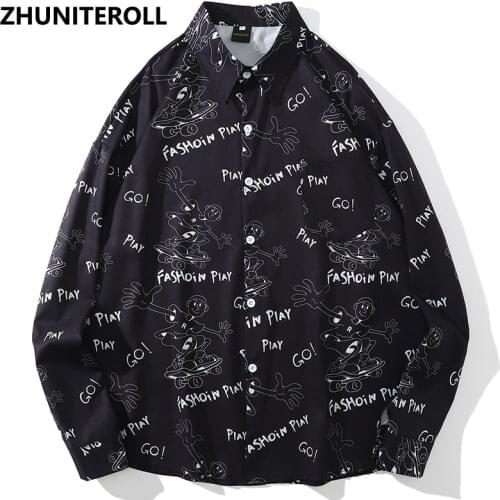 2021 Harajuku Men Hawaiian Shirt Hip Hop Cartoon Print Button Beach Shirt Summer Long Sleeve Aloha Shirt Fashion Streetwear Tops