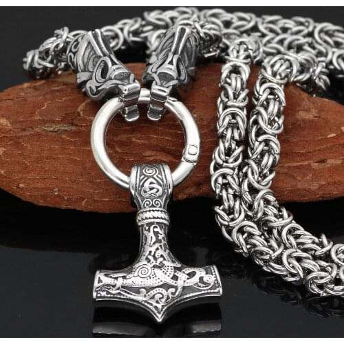 Men Fenrir wolf head with MJOLNIR Thor Hammer norse viking pendant necklace king chain
