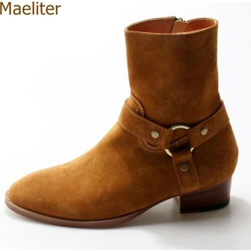 Men Hot Selling Cowboy Suede Ring Buckle Strap Ankle Boots Handsome Motorcycle Riding Boots Low Heel Dress Shoes Black Coffee