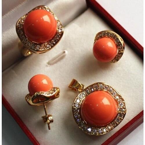Wholesale noble jewelry set 18KGP+12-14mm orange shell pearl,ring, pendant & stud earring jade