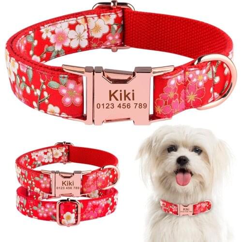 Nylon Print Sakura Personalized Dog Collar Custom Free Engraved Dog Collar Small Large Standard Unisex Pet Dog Collar ID Tag