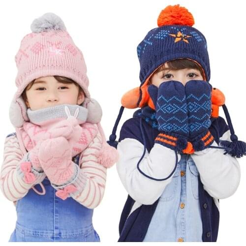 New 2019 Winter Girls Hat Scarf Glove 3pcs Set Warm Children Thick Hat Scarf Collar Kids Boys Beanies Caps Neck Warmers Gloves