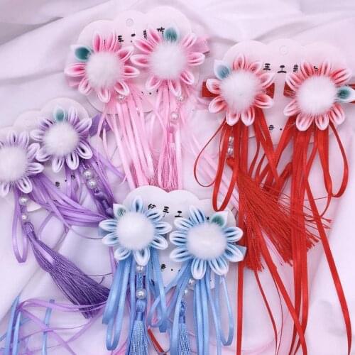 WYINYA A pair of winter new style childrens antique fringed long ribbon hair accessories girls flower hair ball hairpin