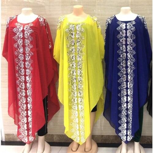 New Style African Womens Dashiki Abaya Fashion Sequins Embroidery Chiffon Loose Long Dress Have Scarf Free Size Bust 126cm