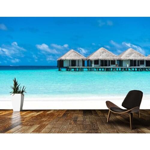 Papel de parede Beautiful sea view beach and chalet resort in Maldives natural landscape 3d wallpaper,living room bedroom mural