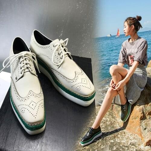 Flat shoes Brock womens shoes leather square head with thick platform ladies shoes white casual carved platform shoes