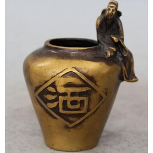 Wholesale factory 4"Chinese Pure Bronze Copper Man Winebibber LiBai Statue Wine Jar Pot Bowl 25% off
