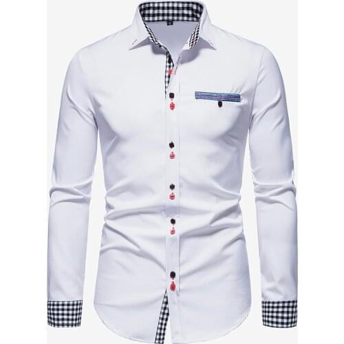 PARKLEES 2021 Plaid Patchwork Stylish Button Formal Shirts for Men Solid Slim Long Sleeve Dress Shirt Business Office Camisas