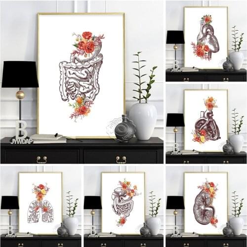 Human Anatomy Visceral Organ Poster, Flowers Art Print Wall Picture, Intestines Stomach Heart Lung Medicine Education Home Decor