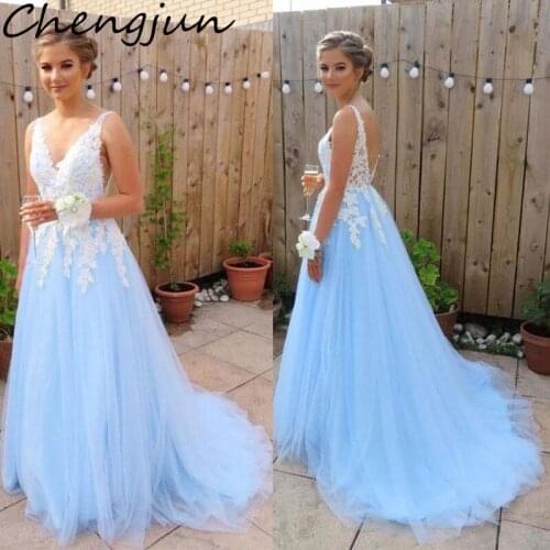 Chengjun Elegant Backless Sleeveless Light Blue Tulle Long Bridesmaid Dresses 2019