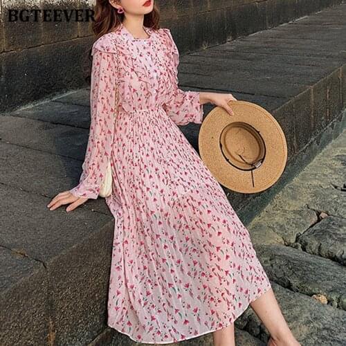 BGTEEVER Casual Elastic High Waist Female Chiffon Dress Spring O-neck Ruffles Women Midi Dress Elegant A-line Floral Vestidos