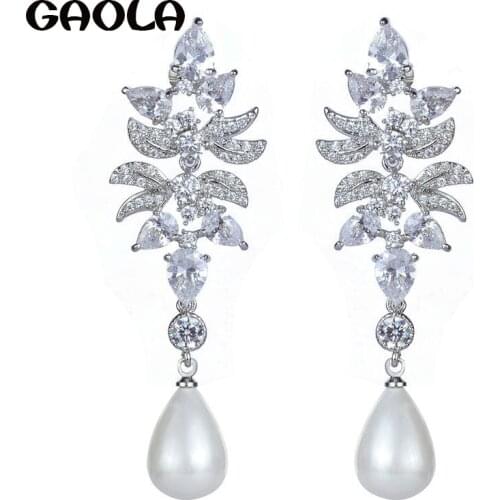 2015 High Quality AAA CZ dangler earrings Jewelry Bridal Luxury Pearl Earrings for Women Fine Wedding Jewelry GLE4761