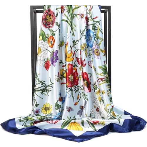 Fashion Silk Satin Hair Scarf For Women Floral Print Kerchief Hijab Scarfs 90*90cm Square Shawls Neck Scarves For Ladies Spring