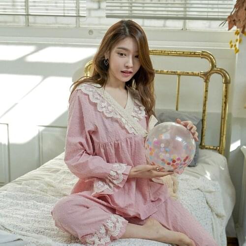 Vintage Lace Cotton Womens Pajamas Sets Spring Autumn Lovely Girls Kimono Night Suits Loose Nighty