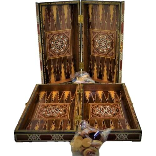 Vintage Handmade Game Backgammon Set, Chess Board, Checkers Natural Solid Wooden, original Pearl on Board Medium Size Mosaic, Brown