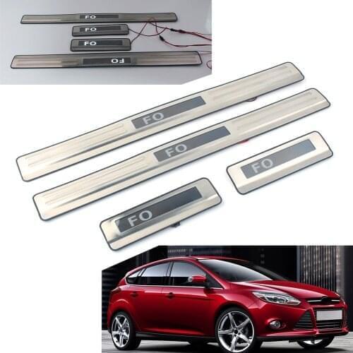 For Ford Focus 2011 2012 2013 Door Sill Scuff Plate Cover Guard Protector White LED Light w/ Logo Stainless Car Accessories