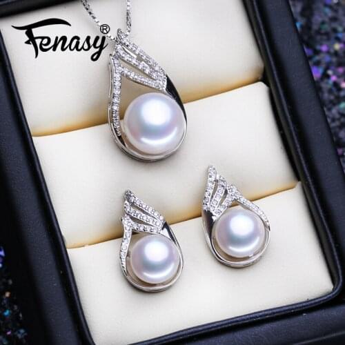 FENASY 925 Sterling Silver Pendant Necklace Natural Pearl Jewelry Sets For Women Classic Stud Earrings Fashion Idea Gift