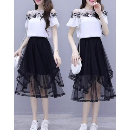 Women Summer Two Piece Sets Dress Suit 2021 Stylish Short Sleeve Strapless Floral Embroidery Tops T Shirt+Chiffon Mesh Skirt