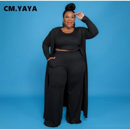 CM.YAYA Women Plus Size Tracksuit Solid Full Sleeve Long Coats Crop Tanks Tops Pockets Pants 3 Piece Sets Fashion Outfit Fall