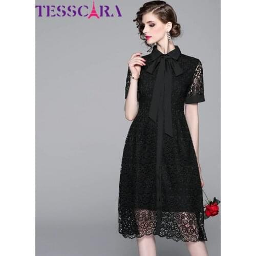 TESSCARA Women Summer Elegant White Lace Dress Shirt Female High Quality Long Office Party Cocktail Robe Designer Black Vestidos