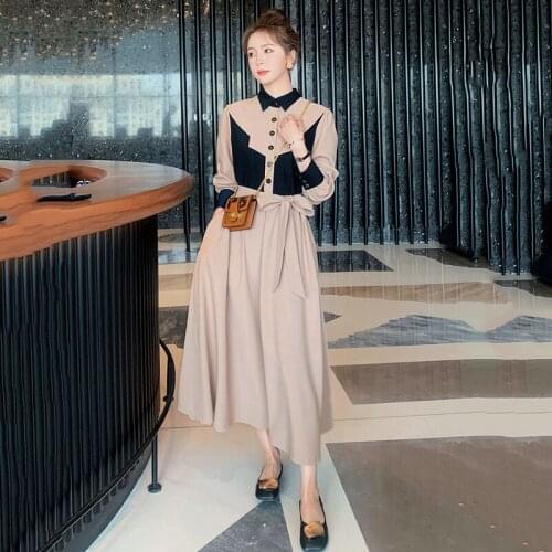 Womens fashion Splice Khaki Long Dress Spring Autumn Harajuku Streetwear Vintage Loose Casual Dress Female High quality dress