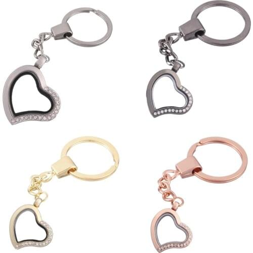1pcs heart half with Rhinestone Alloy Floating charms Locket Keychain DIY Magnetic twist living memory Glass locket Key ring