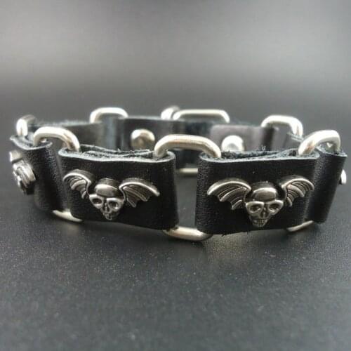 2015 Christmas Gift New Arrival Fashion Vintage angel wings skull Charms Genuine Leather Bracelet Men Jewelry