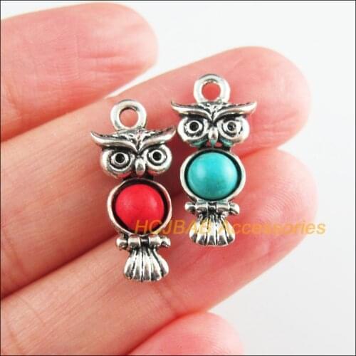 8 New Owl Charms Tibetan Silver Tone Red & Blue Stone Animal Pendants 10.5x22mm