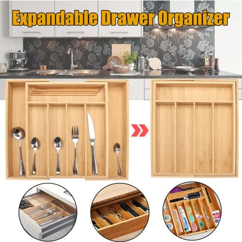 Bamboo Drawer Organizer Drawer Kitchen Cutlery Tray Expandable Utensil Flatware Storage
