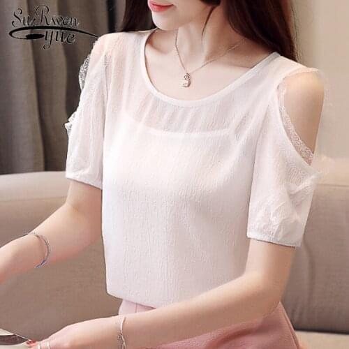White Blouse Blusas Mujer De Moda 2019 Short Sleeve Chiffon Blouse Off Shouler Top Camisas Mujer Womens Tops and Blouses 4095 50
