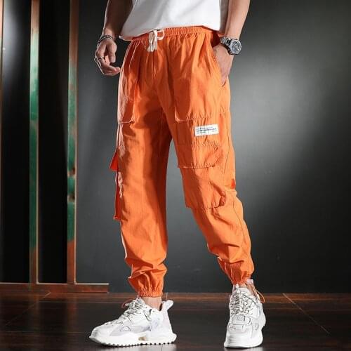 Baggy Orange Cargo Pants Men Summer Hip Hop Mens Clothing Cotton Multi-Pocket Drawstring Trousers
