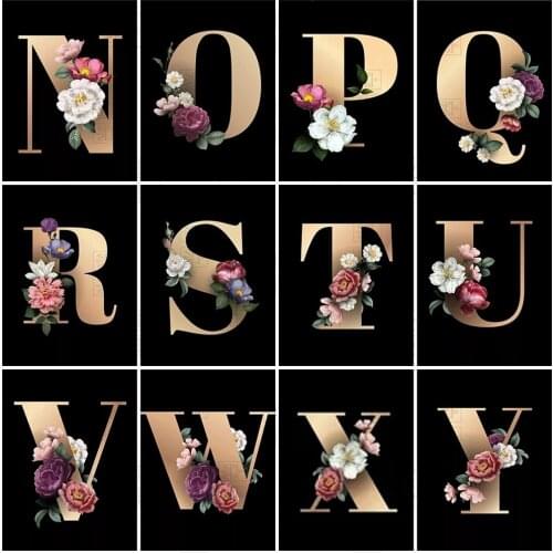 5D Diy Diamond Painting Kit Cartoon English 26 Letter Diamond Embroidery Cross Stitch Text Flower Rhinestones Mosaic Wall Decor
