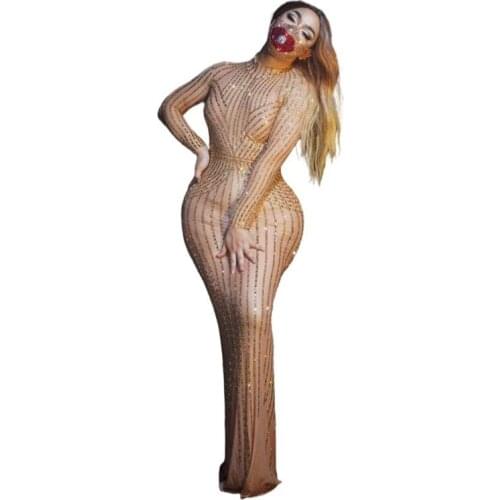 New Shining Gold Silver Rhinestones Long Dress Birthday Celebrate Prom Party Dresses Sexy Bar Stage Dance Show Costume Dress