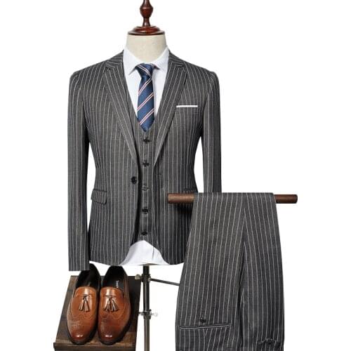 Jacket + Pants + Vest) High-end Customized Business Stripe Suit 3-piece Mens Fit Tuxedo Mens Wedding Ball Dress 4XL